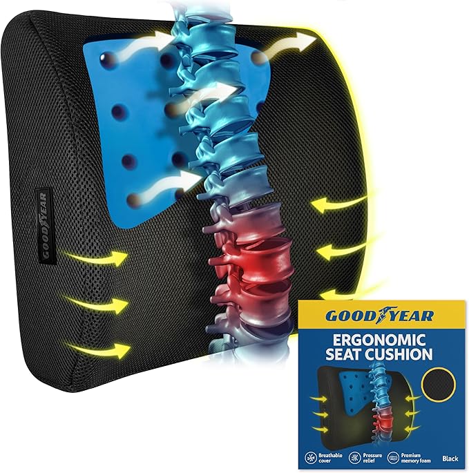 Goodyear Pure Memory Lumbar Support Pillow – Premium Memory Foam Back Support Cushion for Office Chair, Car Seat & Recliner – Ergonomic Lower Back Relief, Breathable, Cooling, Adjustable Strap