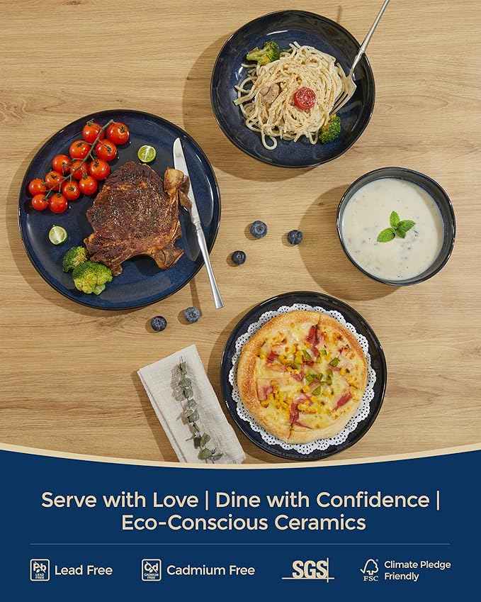 32 Piece Starry Blue Dinnerware Set with Pasta Bowls, Coastal Reactive Glaze Stoneware for 8 | Complete Serving Set for Holiday Meals, Multi‑Dish Hosting & Family Celebrations