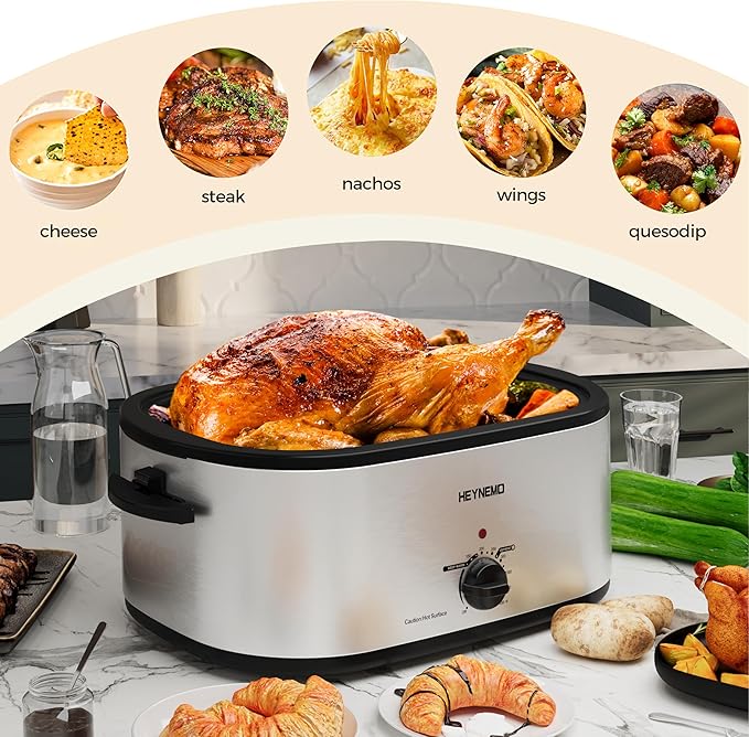 26 Quart Electric Roaster Oven with Visible & Self-Basting Lid, Large Turkey Roaster with Defrost Warm Function, Adjustable Temperature, Removable Pan Rack, Stainless Steel, Silver