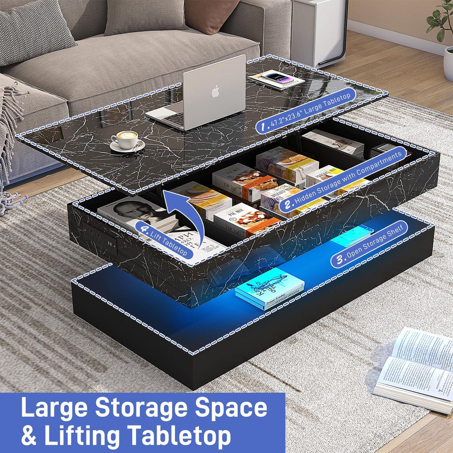 chartustriable 47.2" Large Lift Top Coffee Table with Charging Station, LED Modern High Glossy Center Table with Hidden Compartment Storage, White Lift Living Room Tables with Marbling Print, Black