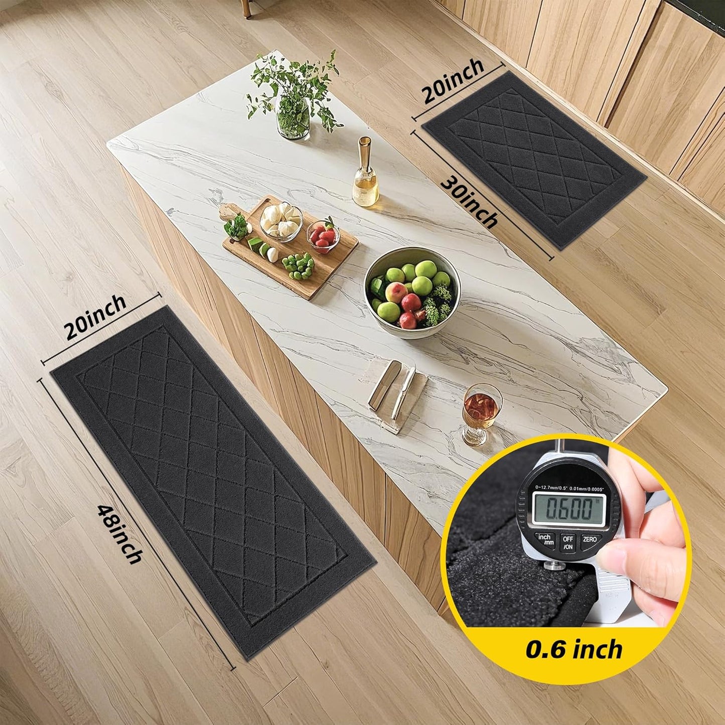 JSEI Non-Slip Kitchen Rugs, Self Adhesive No Sliding Kitchen Mats Set of 2, Soft Washable Absorbent Floor Mat for Kitchen, Bathroom, Laundry Room, Bedroom, 20”x32”+20”x48”, Dark Grey, Diamond Pattern