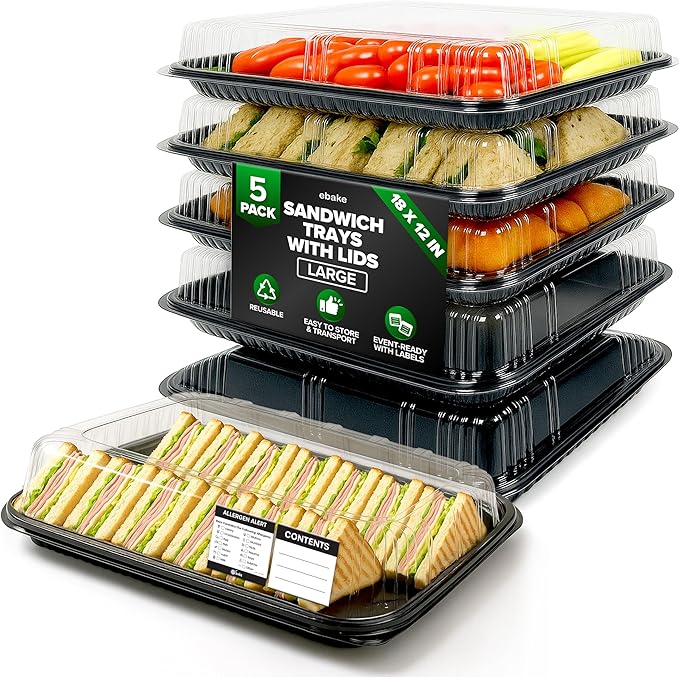 5 Pack Catering Trays with Lids – 17" Serving Tray with Lid, Heavy Duty Recyclable Plastic Party Platters for Catering, Buffet, Picnics & Events – Food Trays with Clear Lid (17.72 x 12.20 x 2.95 inch)