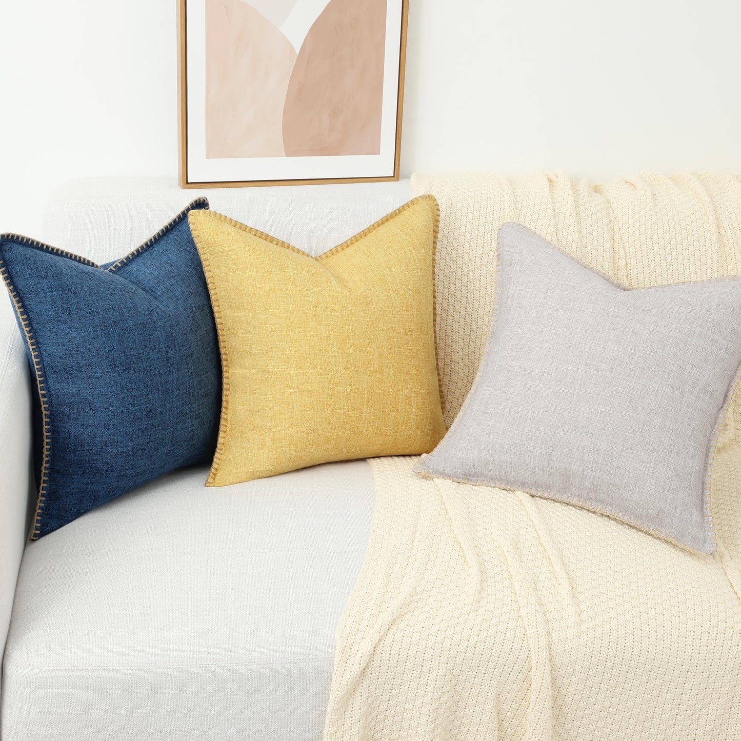 decorUhome Decorative Outdoor Throw Pillow Covers 12x20 Set of 2, Lumbar Linen Rustic Neutral Farmhouse Pillow Covers with Stitched Edge for Couch, Sofa, Living Room, Mustard Yellow