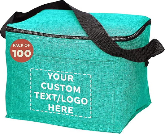 DISCOUNT PROMOS Custom Insulated Cooler Lunch Bag Set of 100, Personalized Bulk Pack - Perfect for Work, Travel, Outdoor Events - Mint
