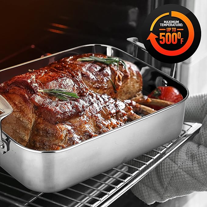 NutriChef Roasting Pan with Rack – Oven Safe Roaster w/Removable Polished Rack,Durable Warp-Resistant Bakeware, Wide Handles, Dishwasher Safe, PFOA-Free, Ideal for Turkey, Chicken, Meat & Vegetables