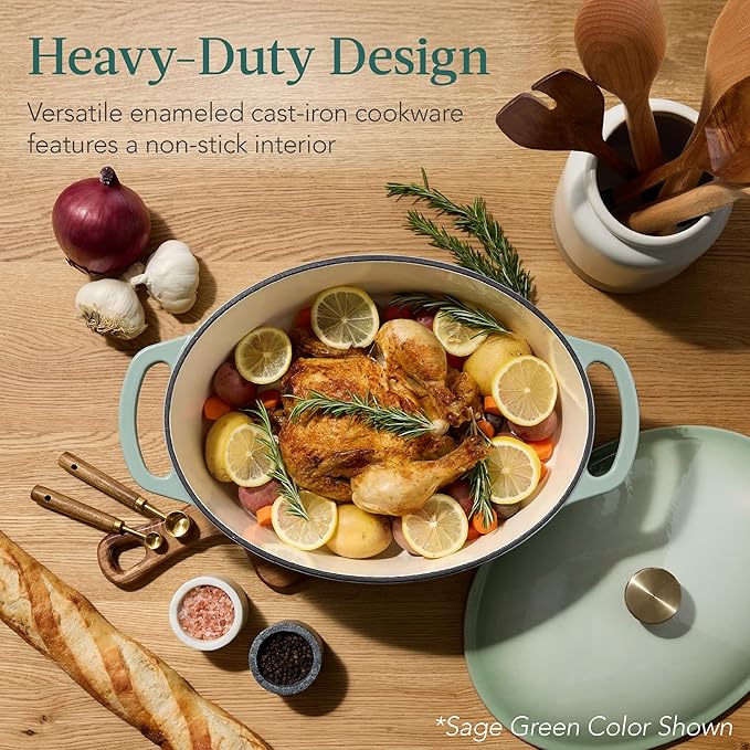 Best Choice Products Oval 7.5 Quart Enamel Cast-Iron Dutch Oven, Heavy-Duty Pre-Seasoned for Baking, Cooking w/Side Handles – Deep Olive Green