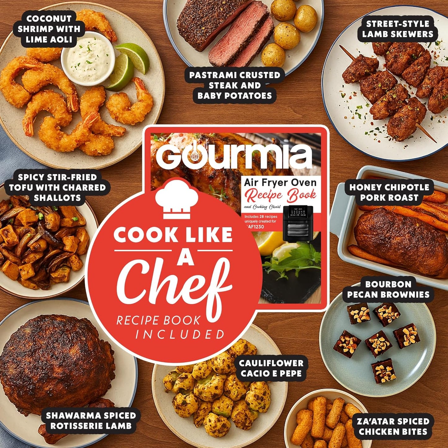 Gourmia Air Fryer Toaster Oven Combo - All-in-One 14-Quart Digital Air Fryer Toaster Oven with Rotisserie & Dehydrator – 12 Presets, Guided Cooking Prompts, 1750W, Dishwasher-Safe Accessories