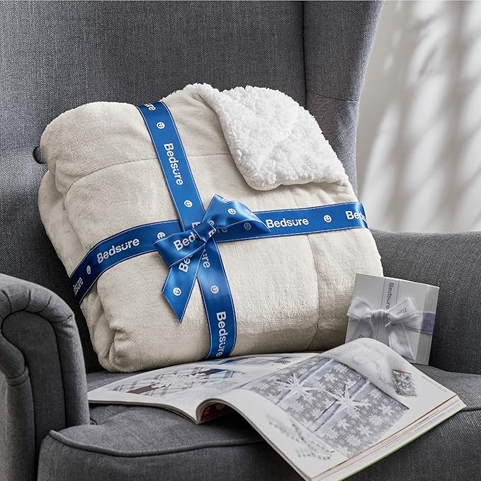 Bedsure Sherpa Fleece Blankets King Size for Bed - Thick and Warm, Soft Fuzzy Plush King Blanket for Winter, Linen, 108x90 Inches