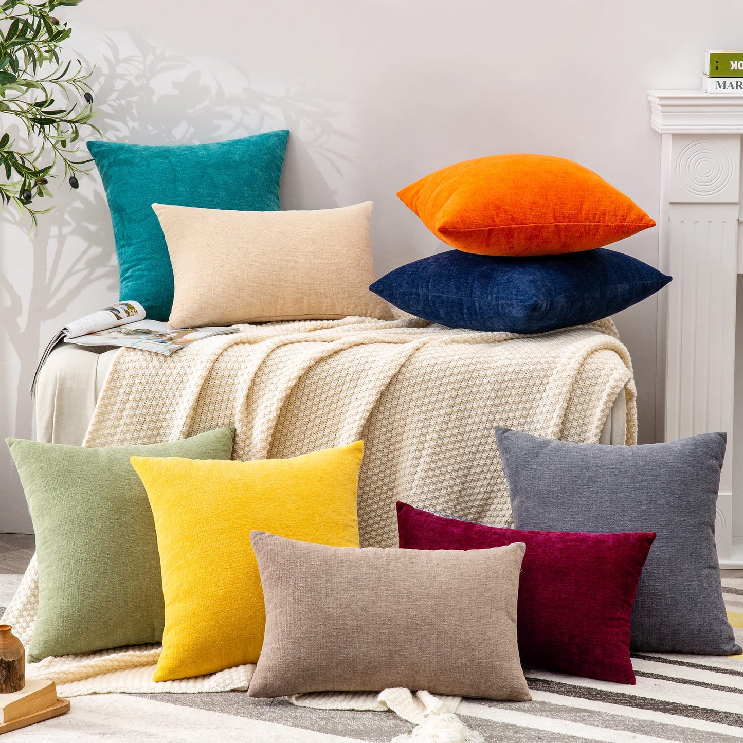 Decorative Square Throw Pillow Covers 20x20 Inch set of 2, Super Soft Chenille Farmhouse Pillowcase for Living Room Bedroom Sofa Couch Cushion Cover Gold Yellow 50x50cm/20x20 Inch