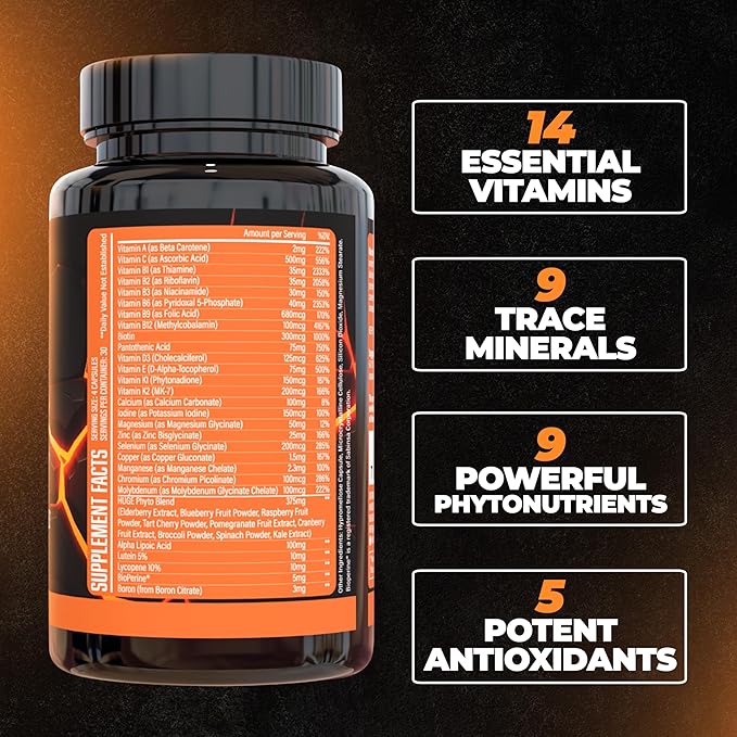 Huge Multi, Multivitamin for Men, High-Performance All-in-One Formula for Athletes & Bodybuilding, Vitamin & Mineral Replenishment, Supports Immune System & Healthy Hormone Levels (120 Capsules)