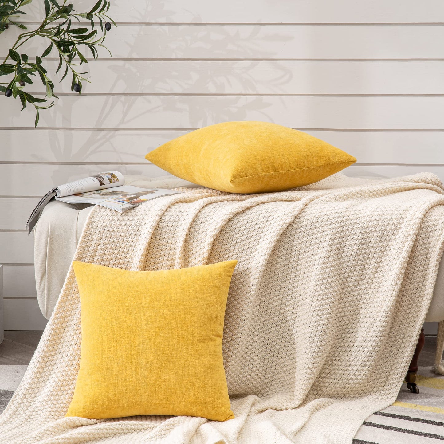 Decorative Square Throw Pillow Covers 20x20 Inch set of 2, Super Soft Chenille Farmhouse Pillowcase for Living Room Bedroom Sofa Couch Cushion Cover Gold Yellow 50x50cm/20x20 Inch