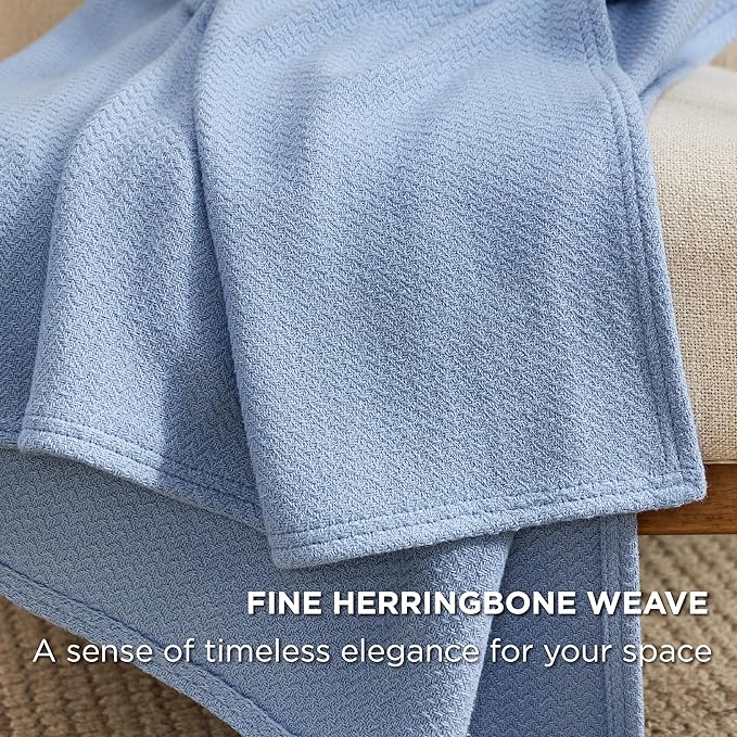 Bedsure 100% Cotton Blanket Twin XL Size for Bed - Breathable and Lightweight, Soft Cozy Textured Herringbone Woven Blanket for Summer Spring, Ashley Blue, 66x90 inches