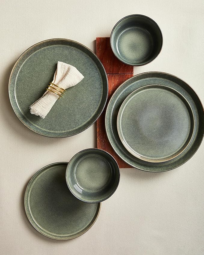 Pokini Dinnerware Sets, Microwave Safe Plates and Bowls Sets, Dishes Set for 4, Chip & Scratch Resistant Dinner Set, Reactive Glazed Farmhouse Dishware Sets, Green Wheat