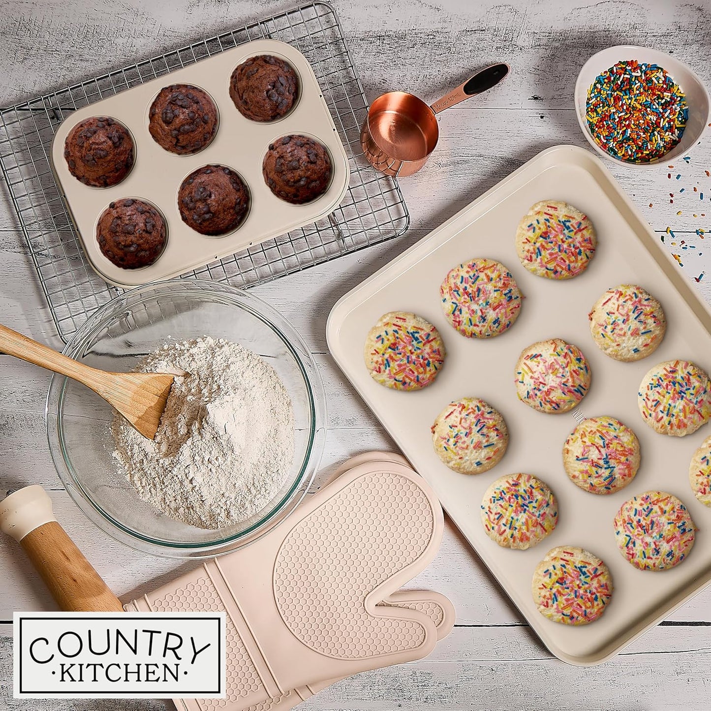 Country Kitchen Nonstick Stackable Bakeware Set - Deluxe Heavy Duty, Durable, Easy Release Baking Set, Taupe, 13 Pcs with Handles