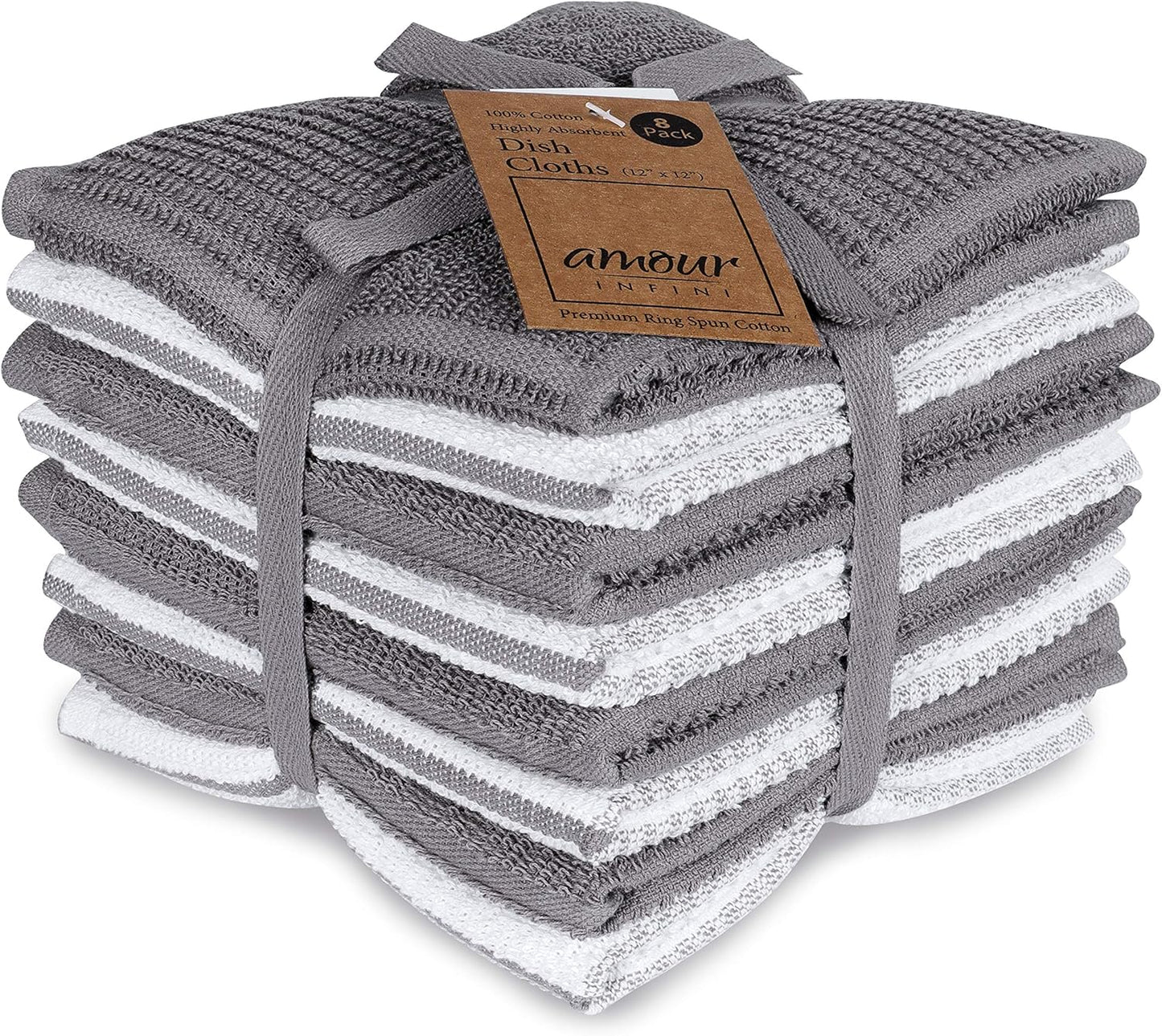 AMOUR INFINI Dish Cloths for Washing Dishes Set of 8 - Highly Absorbent, Super Soft Kitchen Dishcloths - Reusable Quick Dry Dish Rags for Cleaning & Drying Kitchen Linens (12x12 Inch - L.Grey)