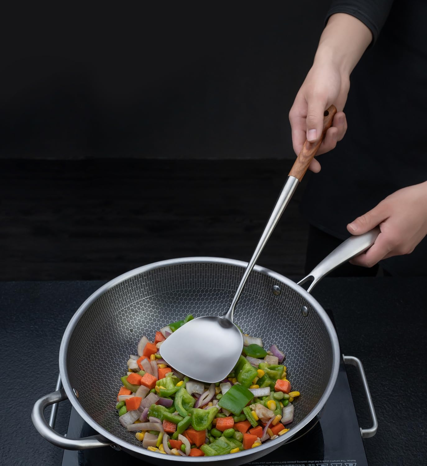 FJNATINH Wok Spatula and Ladle Tool Set, 17inches Spatula for Wok, 304 Stainless Steel Spatula Soup Ladle