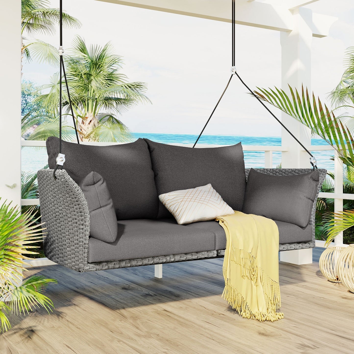 Euroco 51.9" Hanging Woven Swing Chair with Thick Cushion and Adjustable Rope, Waterproof & All-Weather Patio Hammock Chair for Porch, Balcony,