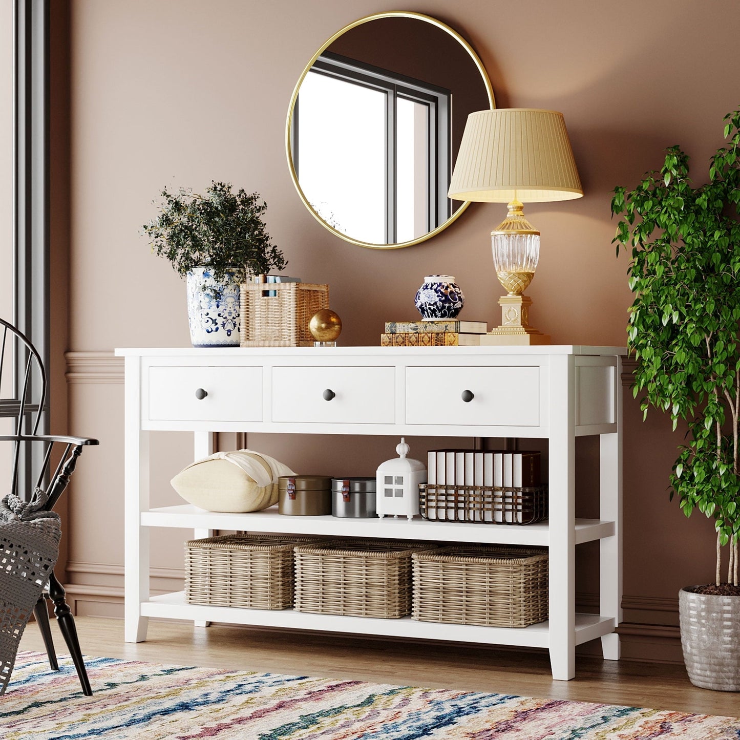 FARONZE Retro Design Console Table with Two Open Shelves, Antique White, Pine Solid Wood Frame