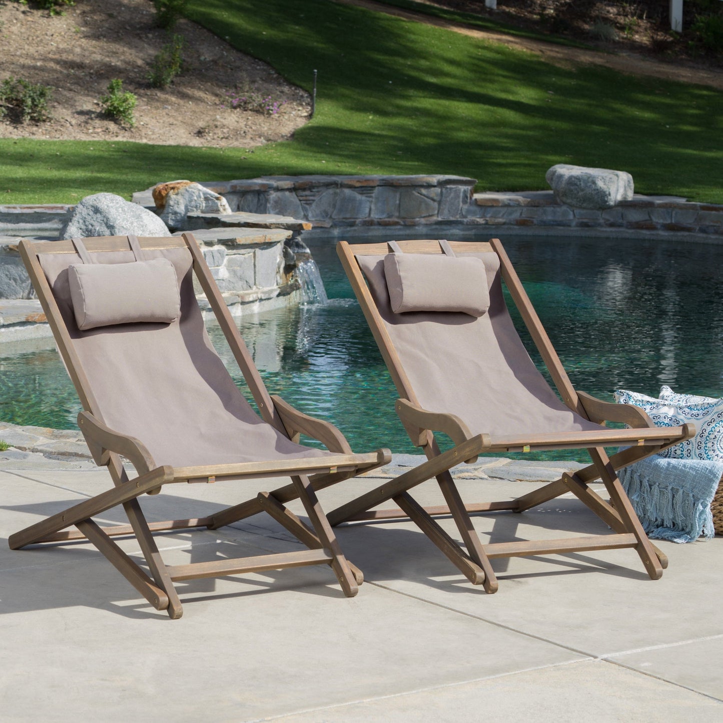 Shihatsusr 2-Pack Beach Sling Chairs - Portable Polyester Lounge Chairs with Pillow (Grey)