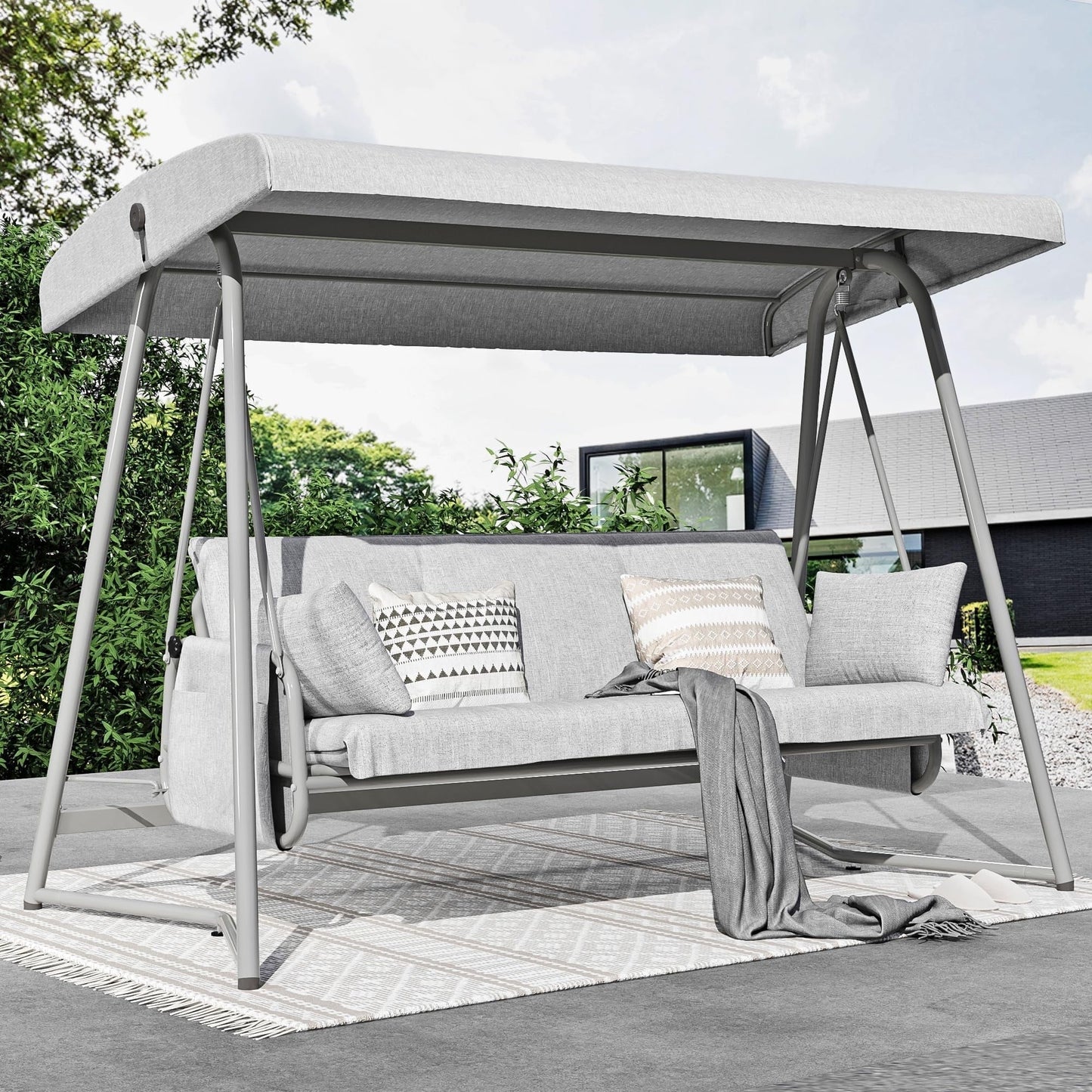 TQKVIPI Oversized 4 Person Outdoor Porch Swing with Adjustable Backrest Canopy,2-in-1 Swing Bed 800 lbs Capacity,Patio Swing with Removable Cushions for Yard Garden Poolside Balcony