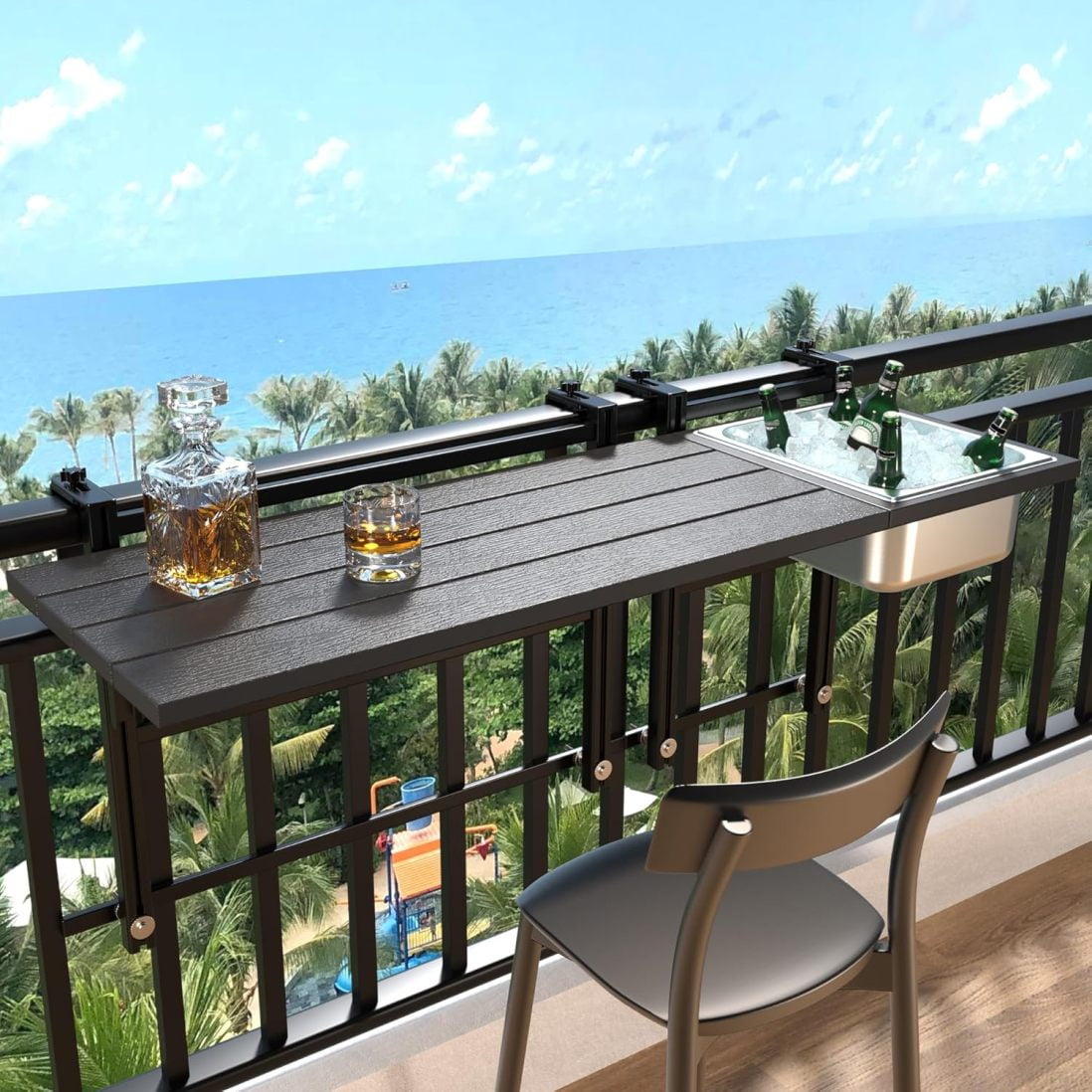 WMZP Upgraded Balcony Table Outdoor Patio Bar Table with Durable Composite Tabletop Aluminum Alloy Frame Hanging Folding Adjustable with Removable Ice Bucket, Easy Assembly (10Mins),43.5" L