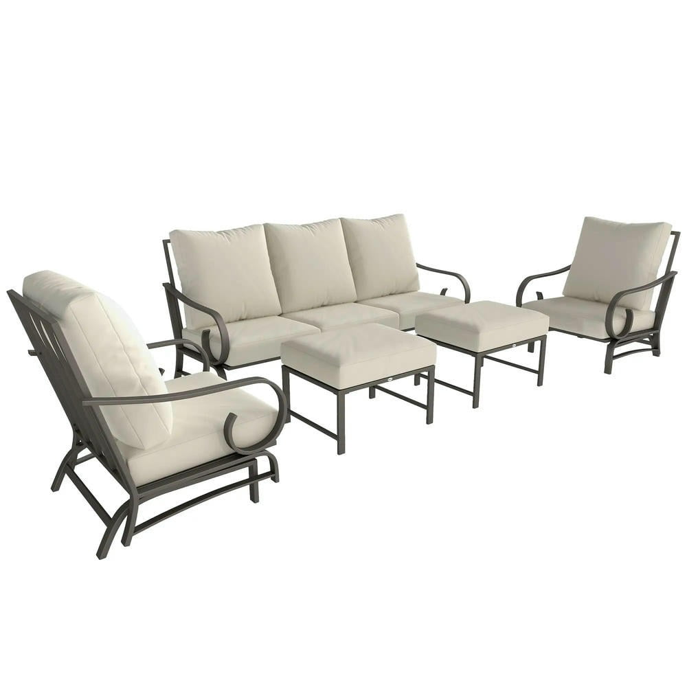 YYAo Outdoor Conversation Sets,Patio Furniture Sets,5 Piece Backyard Patio Furniture Set, Outdoor Furniture Set with 2 Rocking Chairs, 3-Seat Sofa, and 2 Ottomans, Beige