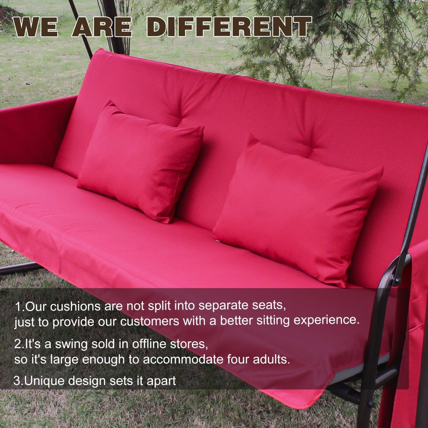 3-Seater Outdoor Patio Metal Swing Chair with Cushion and Adjustable Canopy, Comfortable Leisure Swing Bed with Adjustable Backrest, for Yard, Patio, Garden, Red