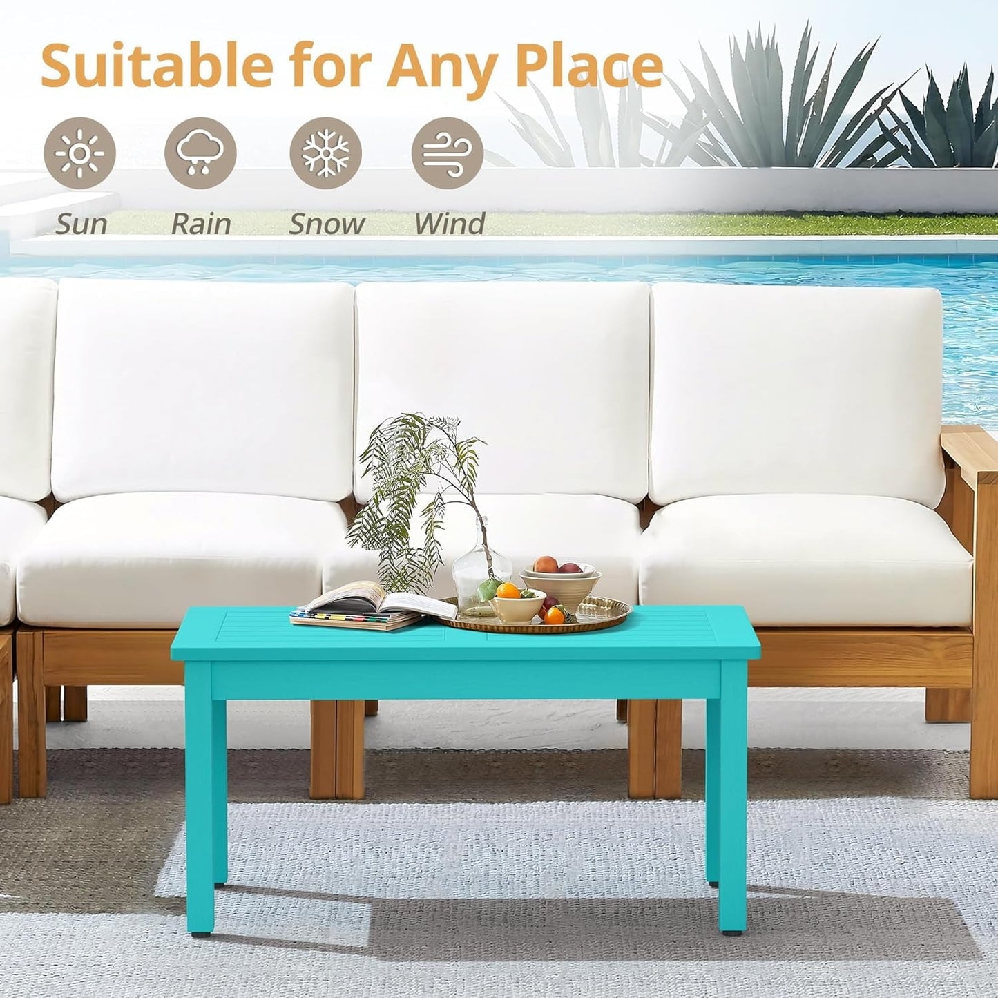 ZMMOO Outdoor Coffee Table Rectangle, HDPS Patio Coffee Tables for Outside, All Weather Patio Coffee Table with Slatted Tabletop for Deck, Garden, Balcony, Indoor or Outdoor Use, Light Gray