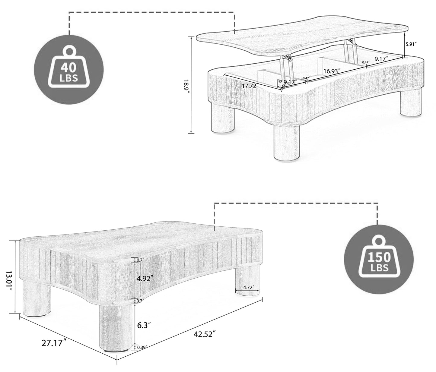 Lift Top Coffee Table for Living Room 42" - Fluted Panel Hidden Storage, Silent Hydraulic Lift, Curved Safety Corners, 5 Min Assembly (27"W X 13-18.9"H, Black)