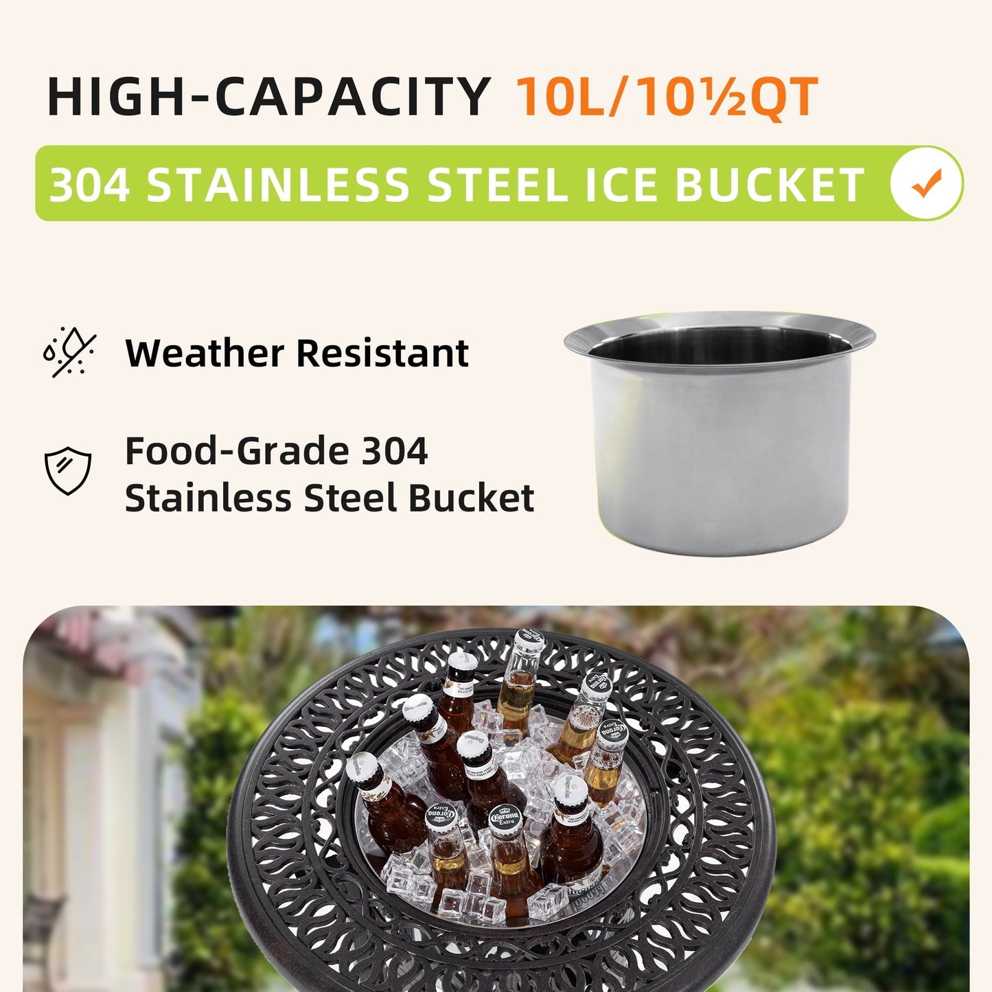Yoneston 21" Cast Aluminum Round Patio Table with Removable Ice Bucket, Rustproof Outdoor Patio Bar Table for Patio, Balcony, Garden, Poolside, Black