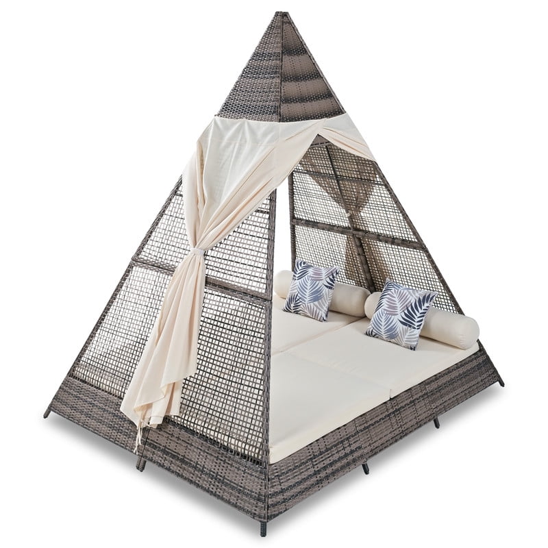 Bellemave Outdoor Sunbed With Pillows, Tent Shape Wicker Patio Daybed, 90.5" Length Lounge Bed for Patio Lawn Garden Backyard Porch Pool (Brown and Beige)