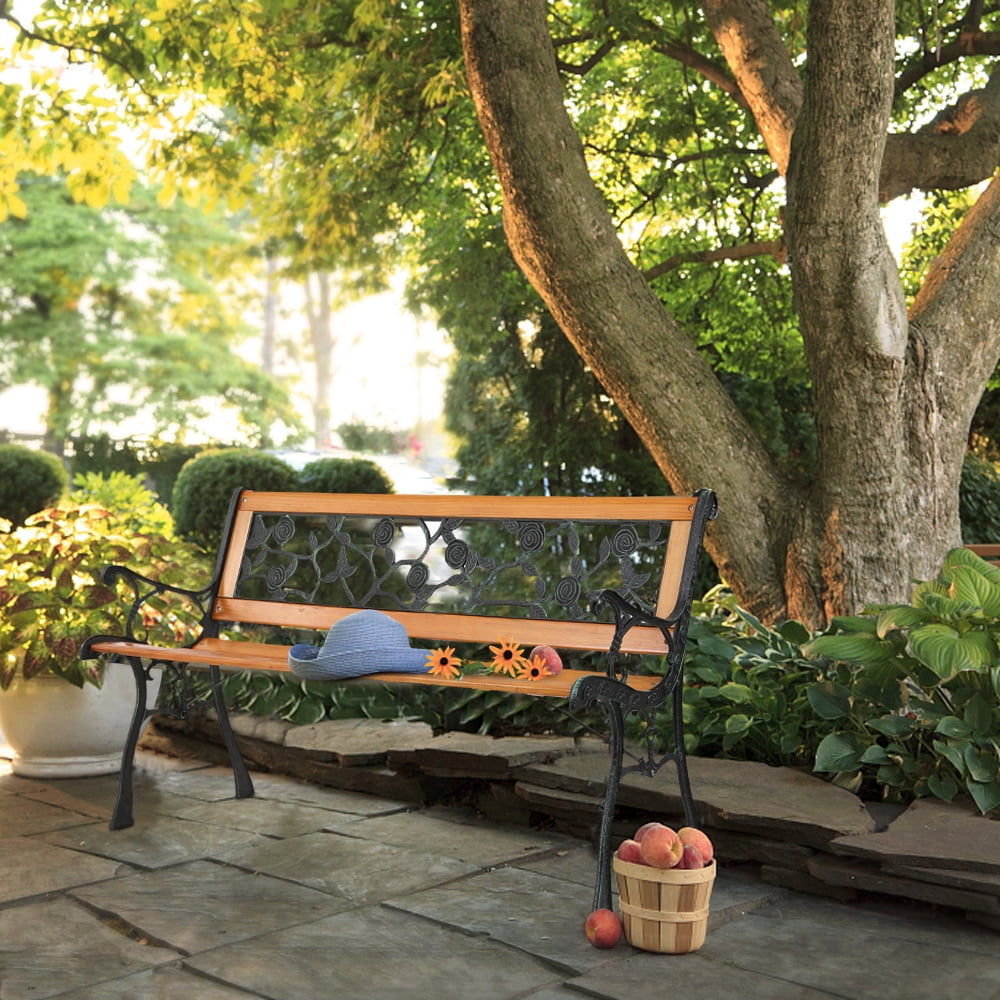 Funnil 49.5" Outdoor Garden Hardwood Bench Seats for Patio Park, Rose Style Outdoor Courtyard Decoration Park Leisure Cast Iron Bench